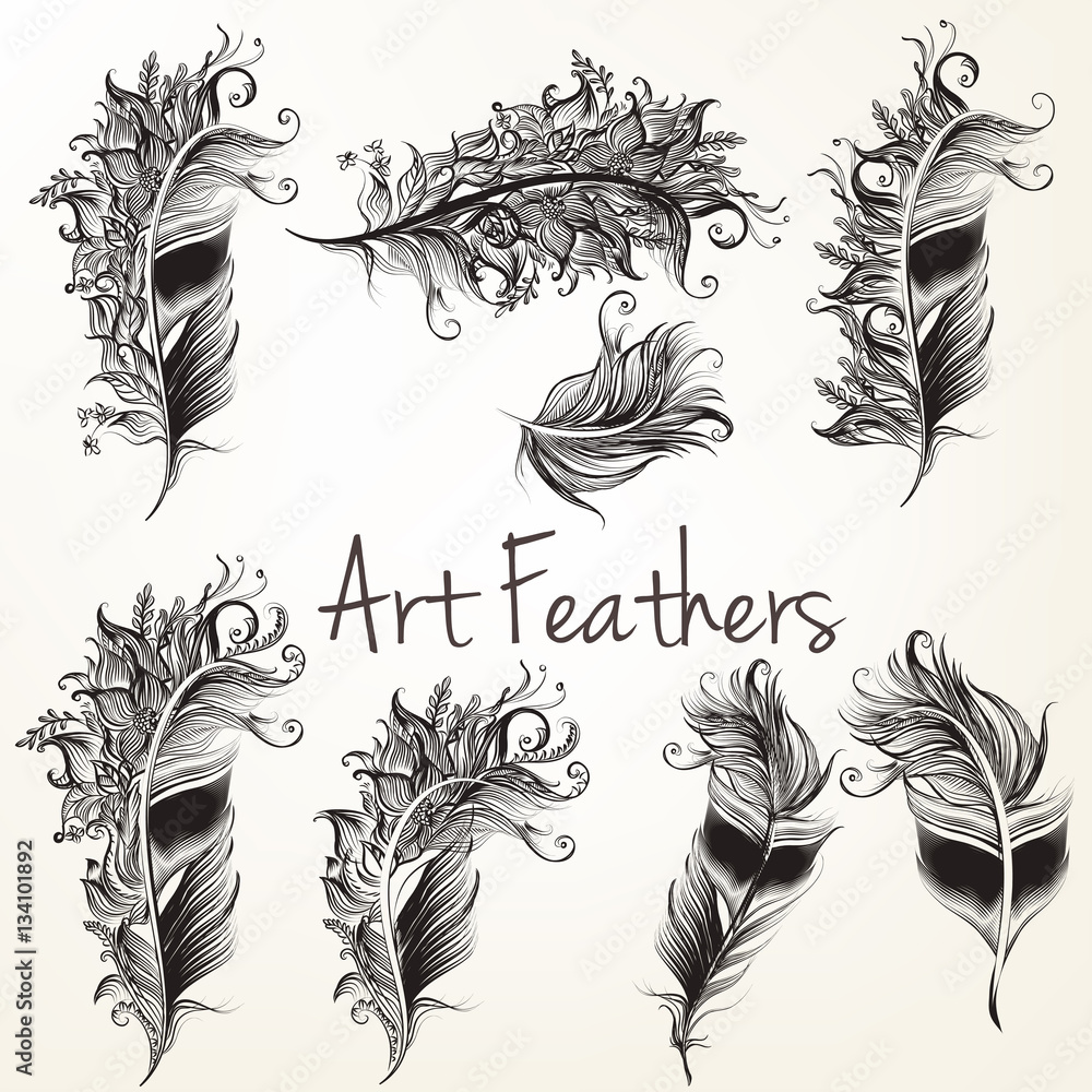 Poster Set of vector art feathers with floral elements