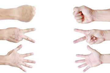 Many hands of Rock ,Paper ,Scissors - hands isolated on white background, Creative concept.