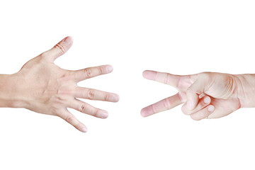 Fight concept, Paper and Scissors - hands isolated on white background.