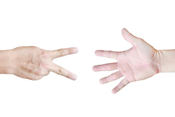 Fight concept, Paper and Scissors - hands isolated on white background.