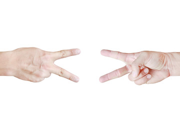 Fight concept, Scissors and Scissors - hands isolated on white background.