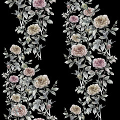 Watercolor painting of flowers, rose , seamless pattern on dark background