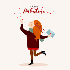 Girl in love with a letter, Valentines day vector greeting card