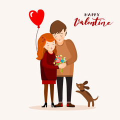 Couple with a dog, Valentines day greeting card, vector illustration