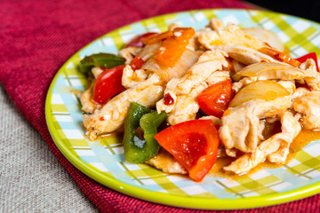wok fried chicken stir fry with sweet peppers and chinese vegeta
