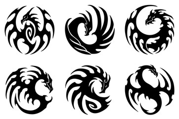 vector illustration, set of round tribal dragon designs, black and white graphics