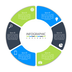 Vector round infographic diagram with 6 options. Circular timeline infographic, chart, diagram can be used for web design, presentation, advertising, report