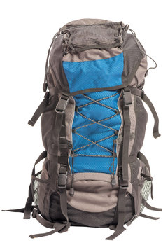 filled big backpack for trekking hiking isolated
