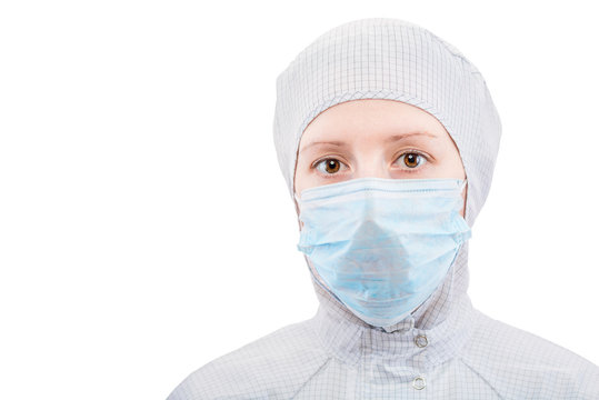 biochemist portrait of a woman in a protective suit on a white b