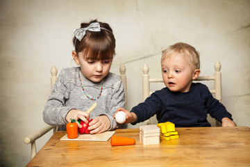 Geschwister spielen mit Holzspielkzeug