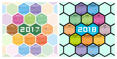 Vector 2017,2018 calendar with honeycomb shape background 