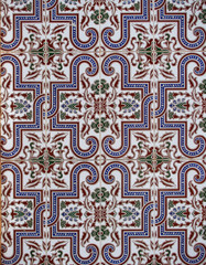 Detail of the traditional tiles from facade of old house. Decorative tiles.Valencian traditional tiles. Floral ornament. Majolica, Watercolor