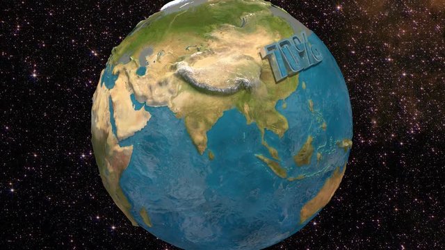 3D Water percentage in the Earth. 4K. Ultra HD. 70% of the earth&rsquo;s surface is covered with water