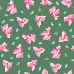 watercolor pink flower and leaves seamless pattern on a green ba