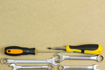 Arrangement of carpentry and set of hand tools. Frame composition with copy space top view.