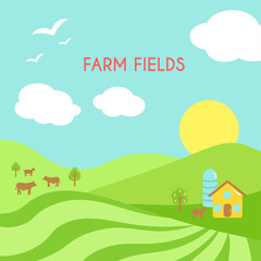 Naklejka premium Farm fields landscape. Cartoon green field of sowing.