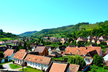 Aerial view of the village Biertan, Transylvania.Biertan is one of the most important Saxon...