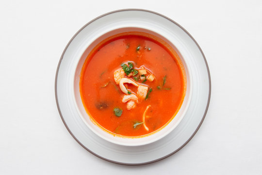 Tomato Soup With Fish And Shellfish Shot From Above