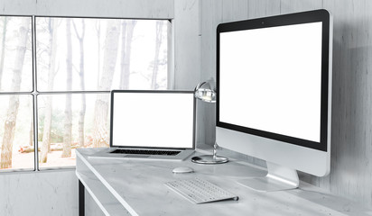 Fototapeta premium Modern desktop interior with computer and devices 3D rendering