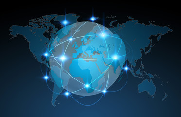 Blue global network on planet earth 3D rendering