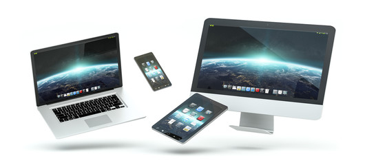 Modern computer laptop mobile phone and tablet floating 3D rende