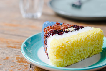  five colors of rice for vitamin and healthy meal on wooden table. Eating Healthy concept.