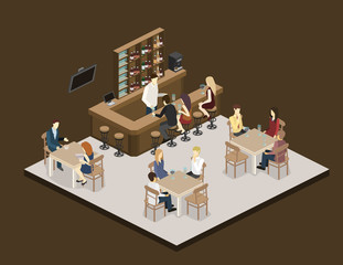 Isometric 3D flat interior of bar or pub.