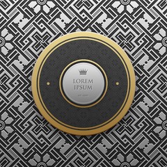 Round text banner template on silver/platinum metallic background with seamless geometric pattern. Elegant luxury style.