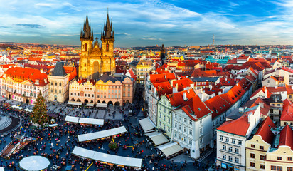 Fototapeta premium Amazing sunset and sky and fantastic view of the Old town square and Prague castle at dawn. Dramatic scene. Famous place (unesco heritage) square on Prague, Czech Republic, Europe. Beauty world. 