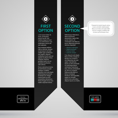 Modern web design template with two black paper stripes and options. Strict corporate business style. Useful for annual reports, presentations and media.
