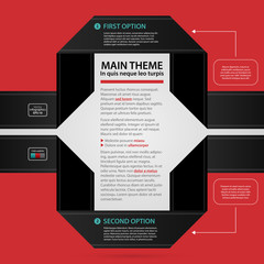 Modern web design template with two black paper stripes and options on red background. Strict corporate business style. Useful for annual reports, presentations and media.
