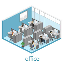 Flat 3d isometric abstract office floor interior departments concept vector.