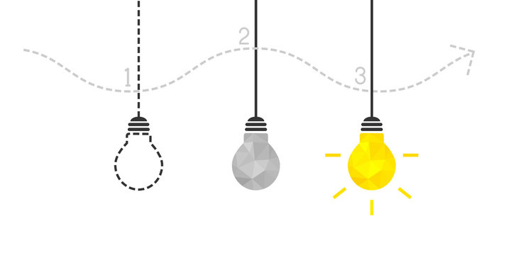 Development of idea concept with steps and shiny lightbulb in the end