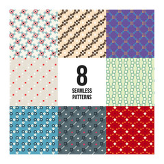 Set of 8 colorful pixelated patterns. Childish style. Useful for wrapping and textile design.