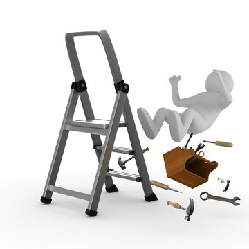 man falls from ladder on white background. Isolated 3D image