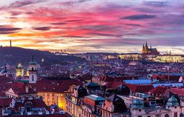 Amazing sunset and sky and fantastic view of the Old town square and Prague castle at dawn. Dramatic scene. Famous place (unesco heritage) square on Prague, Czech Republic, Europe. Beauty world. 