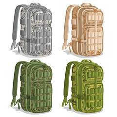 Vector set icons Military Camouflage Backpacks, gray Army rucksack, khaki camo big knapsack bag with strap, green large camouflage infantry backpack for armed forces, logo military haversack for army.