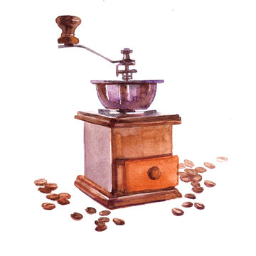Watercolor coffee beans with coffee hand mill isolated on a white background illustration.
