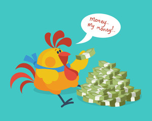 Rooster Bird Counts Money. Cock Rich Businessman