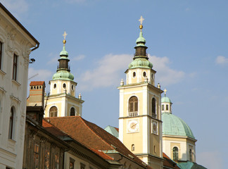 Fototapeta na wymiar Twin Towers and Dome of Cathedral of St Nicholas in Ljubljana, Slovenia 