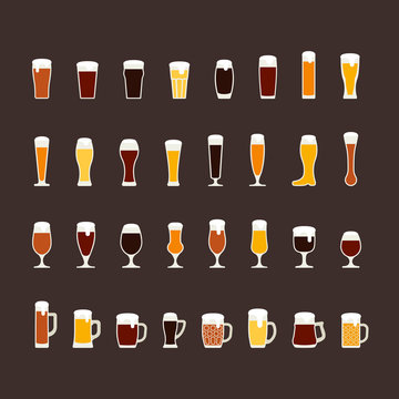 Beer glasses and mugs flat icon set, variety of beers