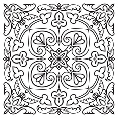 Hand drawing pattern for tile in black and white colors. Italian majolica style