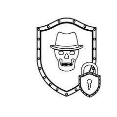 monochrome silhouette of shield with skull with hat and padlock vector illustration