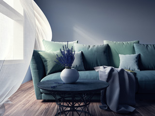 Modern interior design of living room 3D Render