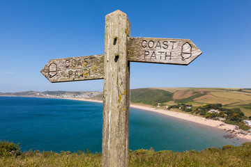 Footpath Sign overlooking Woolacombe Beach in North Devon, Engla