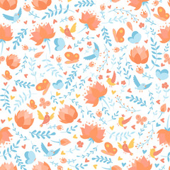 Seamless pattern with doodle cartoon vector floral elements, birds, flowers, lotus and butterfly