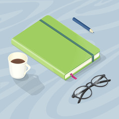 Desk with Note Book, Glasses Pen and Cup of Coffee
