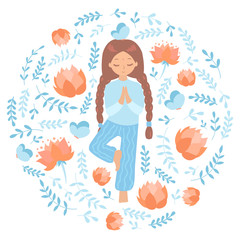 Silhouette of circle with the girl doing yoga inside with doodle cartoon vector floral elements