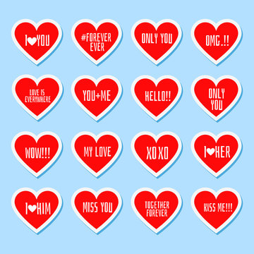 Set of sixteen stickers in form of heart with love message. Romantic and love stickers and tags on Valentines Day. Props for photos for teenager's album with cute and funny phrases