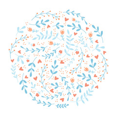 Silhouette of circle with doodle cartoon vector floral elements, birds, flowers, lotus and butterfly